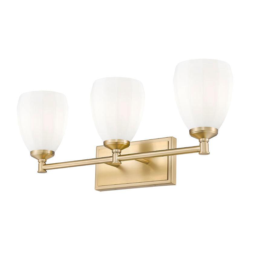 Z-Lite Oren 3-Light Medium Bulb Base Modern Gold Steel Frame Matte Opal Glass Shade Vanity Light