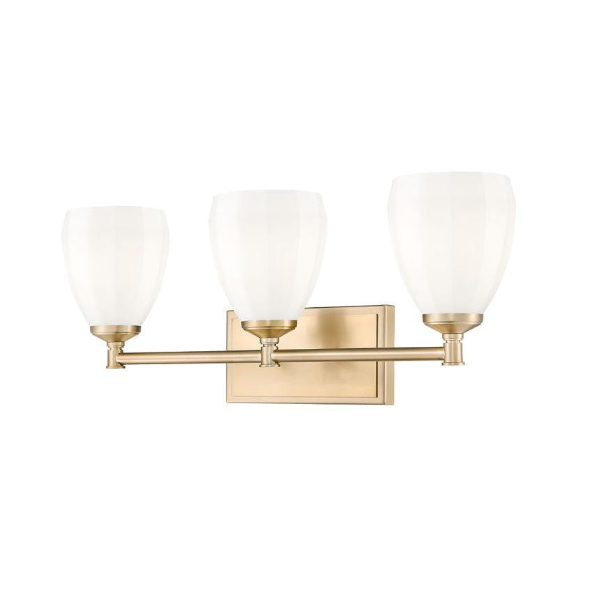 Z-Lite Oren 3-Light Medium Bulb Base Modern Gold Steel Frame Matte Opal Glass Shade Vanity Light