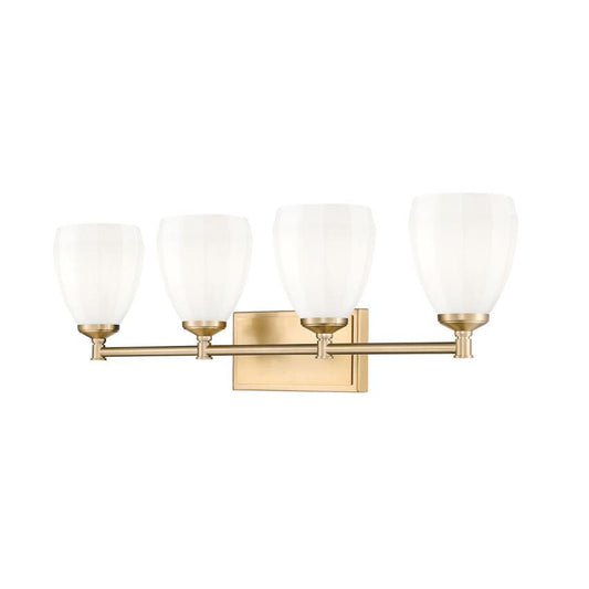 Z-Lite Oren 4-Light Medium Bulb Base Modern Gold Steel Frame Matte Opal Glass Shade Vanity Light