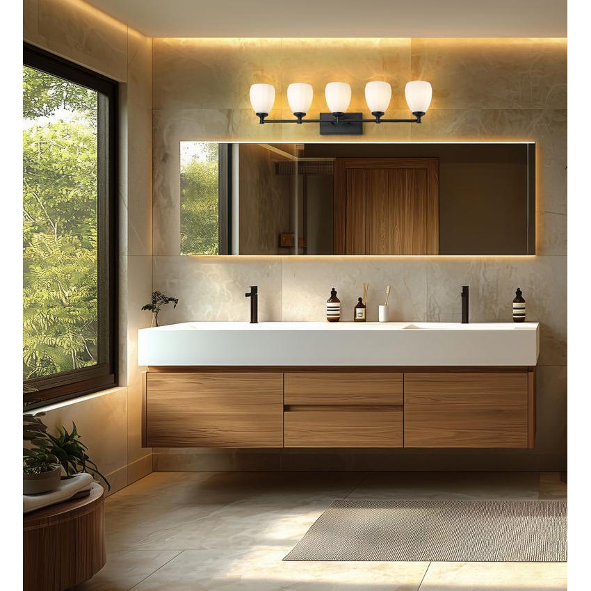 Z-Lite Oren 5-Light Medium Bulb Base Matte Black Steel Frame Matte Opal Glass Shade Vanity Light