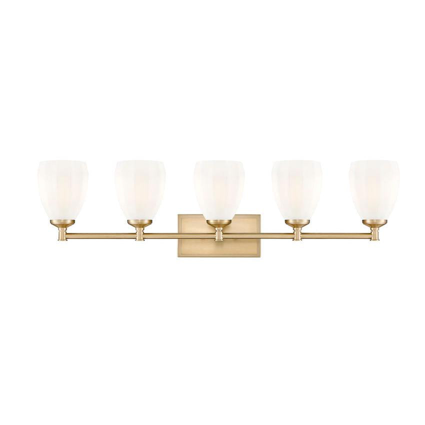 Z-Lite Oren 5-Light Medium Bulb Base Modern Gold Steel Frame Matte Opal Glass Shade Vanity Light
