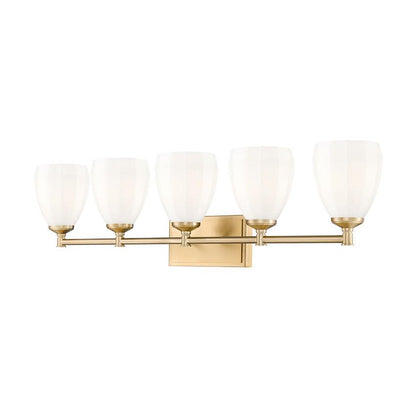 Z-Lite Oren 5-Light Medium Bulb Base Modern Gold Steel Frame Matte Opal Glass Shade Vanity Light