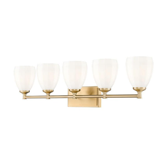Z-Lite Oren 5-Light Medium Bulb Base Modern Gold Steel Frame Matte Opal Glass Shade Vanity Light
