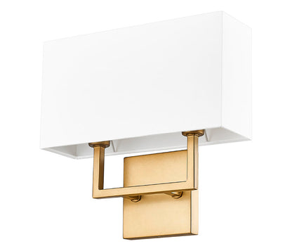 Z-Lite Saxon 12" 2-Light Rubbed Brass Steel Frame White Fabric Shade Wall Sconce