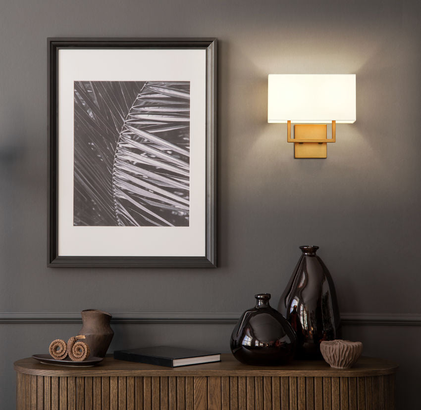 Z-Lite Saxon 12" 2-Light Rubbed Brass Steel Frame White Fabric Shade Wall Sconce