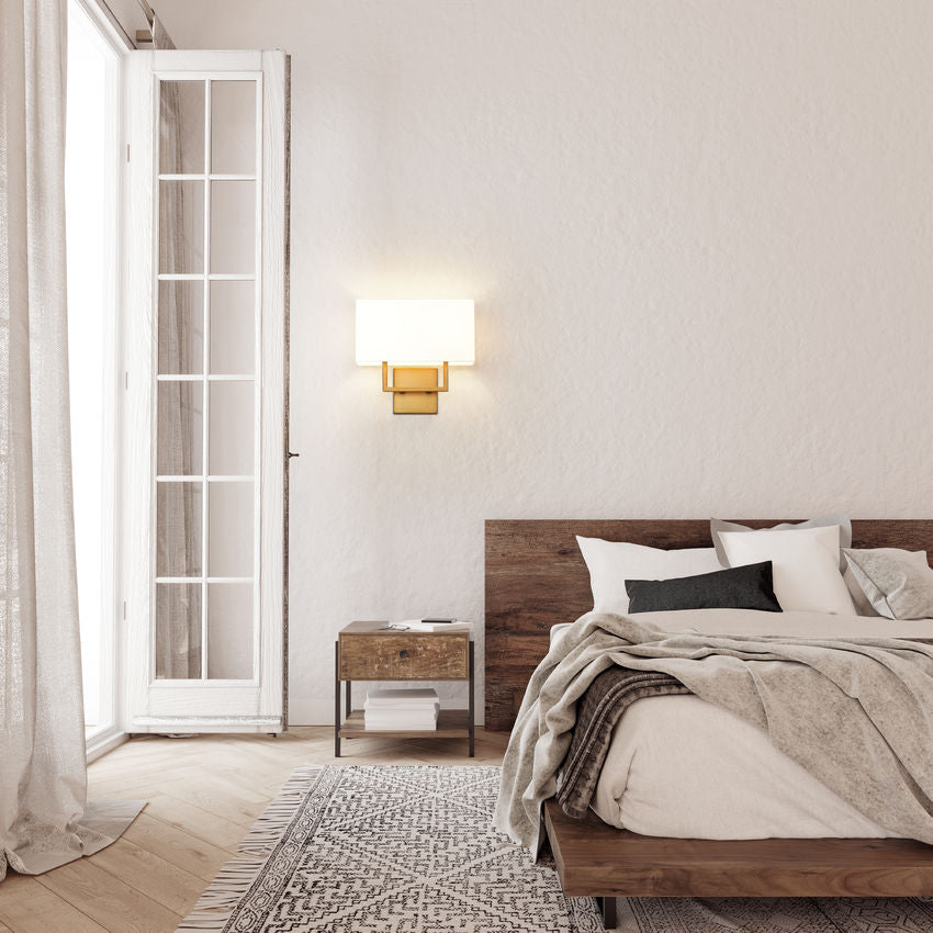 Z-Lite Saxon 12" 2-Light Rubbed Brass Steel Frame White Fabric Shade Wall Sconce