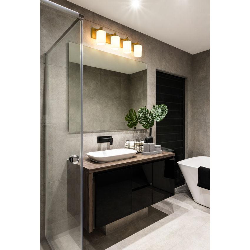 Z-Lite Soledad 4-Light Medium Bulb Base Brushed Gold Steel White Glass Shade Vanity Light