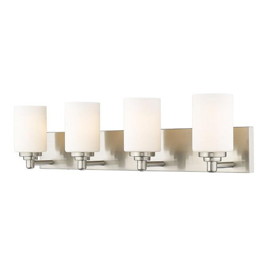 Z-Lite Soledad 4-Light Medium Bulb Base Brushed Nickel Steel White Glass Shade Vanity Light