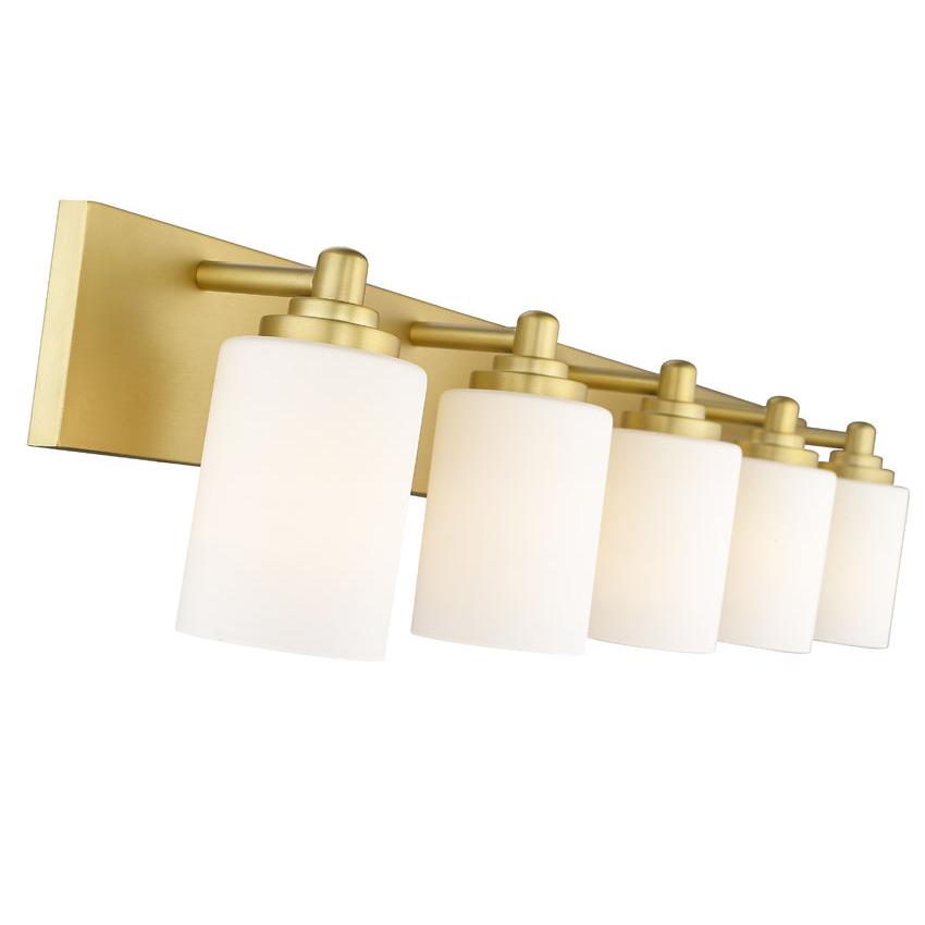 Z-Lite Soledad 5-Light Medium Bulb Base Brushed Gold Steel White Glass Shade Vanity Light