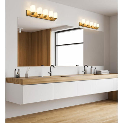 Z-Lite Soledad 5-Light Medium Bulb Base Brushed Gold Steel White Glass Shade Vanity Light