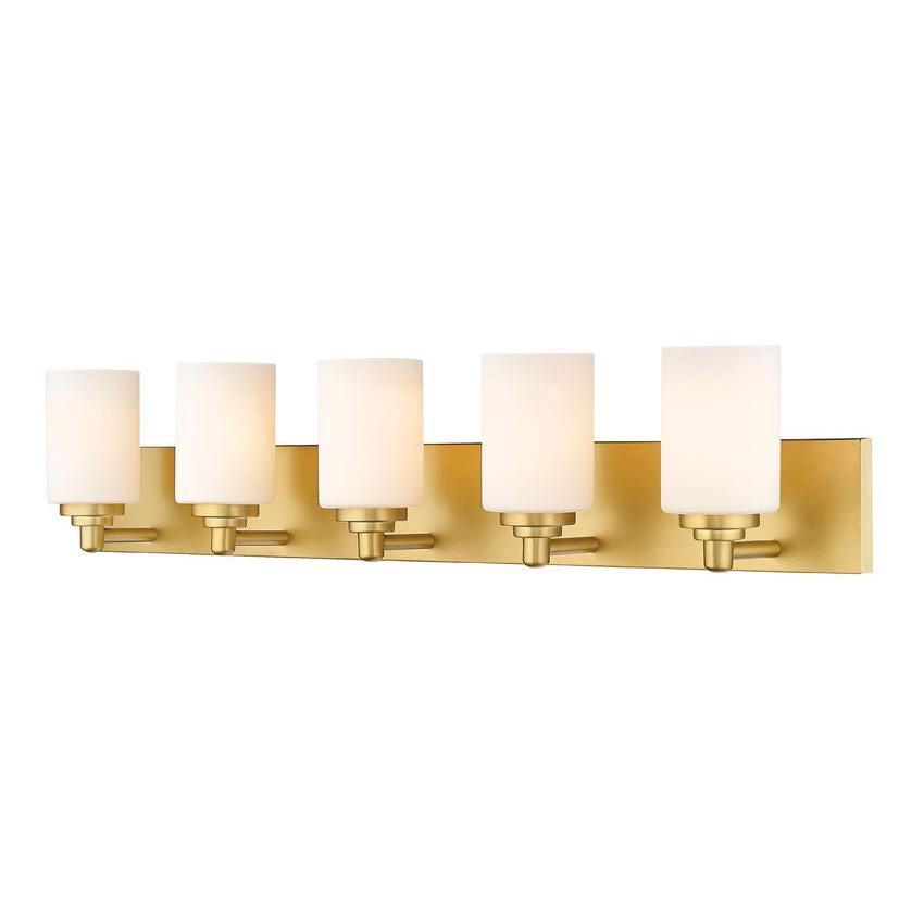Z-Lite Soledad 5-Light Medium Bulb Base Brushed Gold Steel White Glass Shade Vanity Light