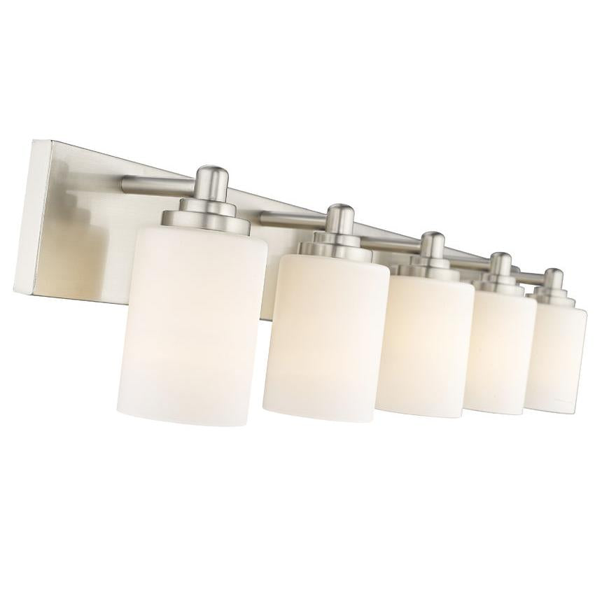 Z-Lite Soledad 5-Light Medium Bulb Base Brushed Nickel Steel White Glass Shade Vanity Light