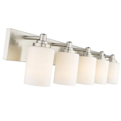 Z-Lite Soledad 5-Light Medium Bulb Base Brushed Nickel Steel White Glass Shade Vanity Light