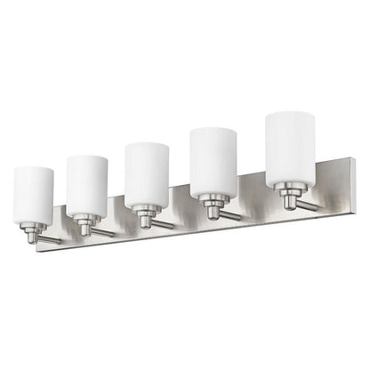 Z-Lite Soledad 5-Light Medium Bulb Base Brushed Nickel Steel White Glass Shade Vanity Light