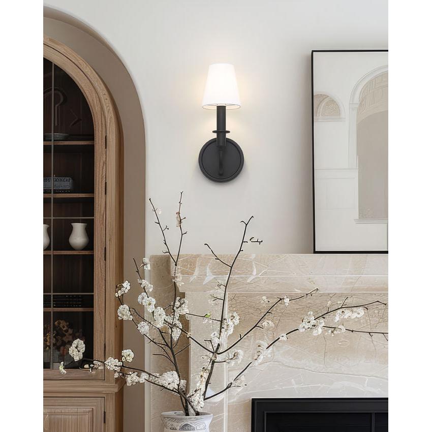 Z-Lite Tova 5" 1-Light Matte Black Steel Frame White Fabric Shade Wall Sconce