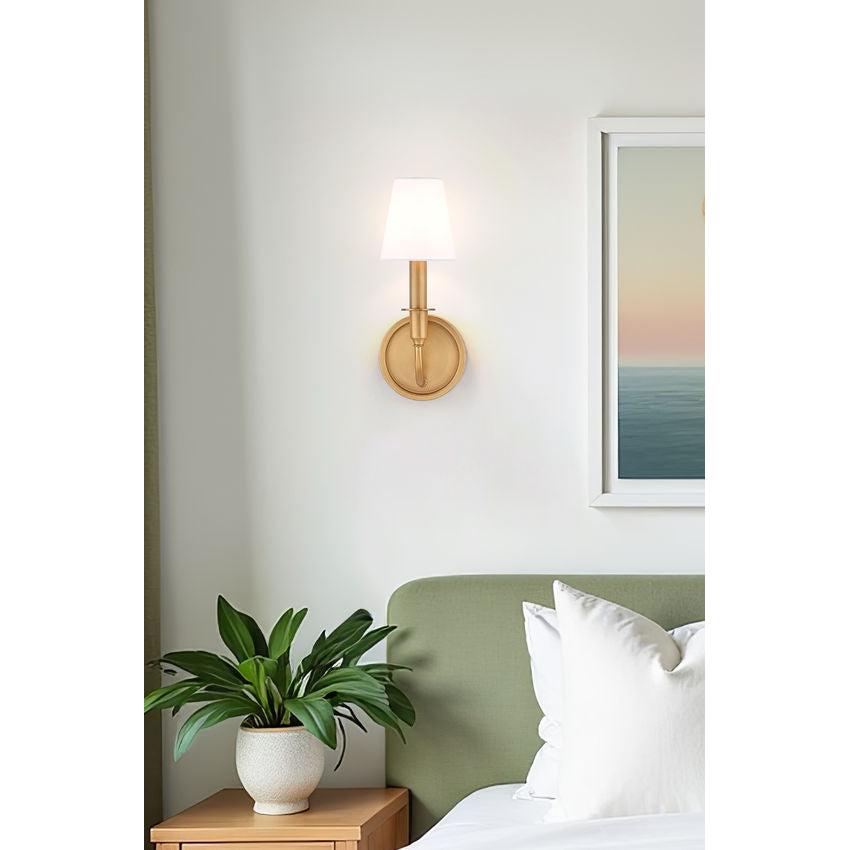 Z-Lite Tova 5" 1-Light Rubbed Brass Steel Frame White Fabric Shade Wall Sconce
