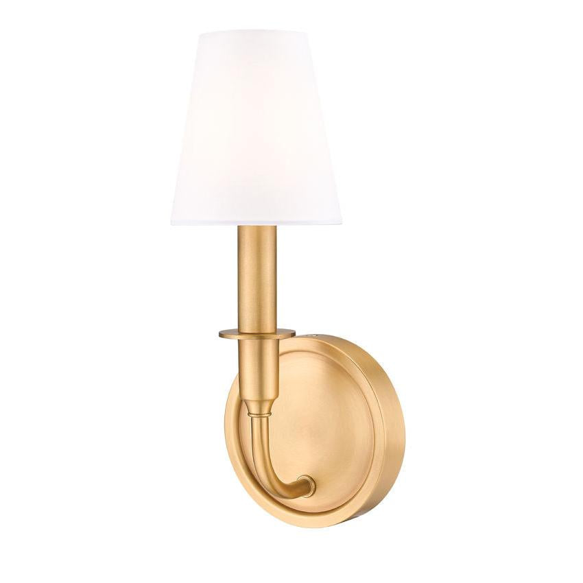Z-Lite Tova 5" 1-Light Rubbed Brass Steel Frame White Fabric Shade Wall Sconce