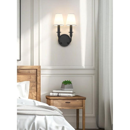 Z-Lite Tova 9" 2-Light Matte Black Steel Frame White Fabric Shade Wall Sconce