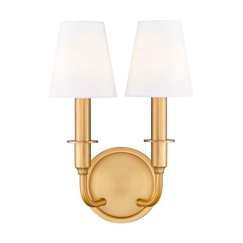 Z-Lite Tova 9" 2-Light Rubbed Brass Steel Frame White Fabric Shade Wall Sconce