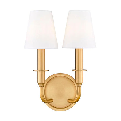 Z-Lite Tova 9" 2-Light Rubbed Brass Steel Frame White Fabric Shade Wall Sconce