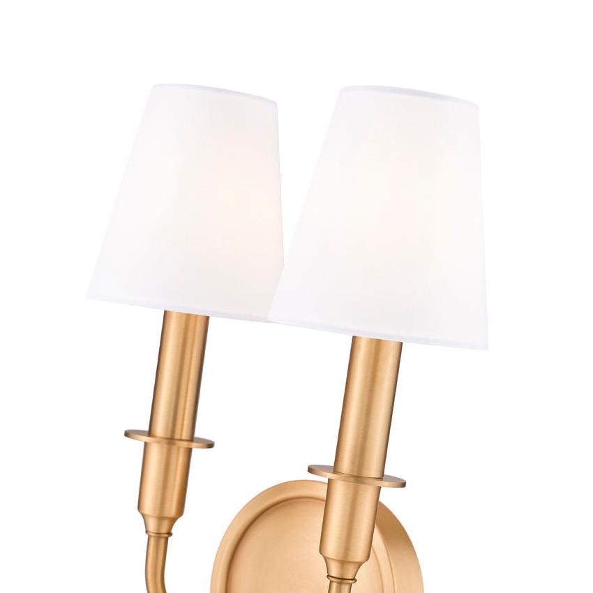 Z-Lite Tova 9" 2-Light Rubbed Brass Steel Frame White Fabric Shade Wall Sconce
