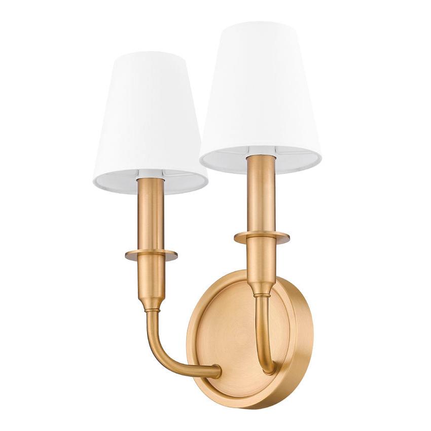 Z-Lite Tova 9" 2-Light Rubbed Brass Steel Frame White Fabric Shade Wall Sconce