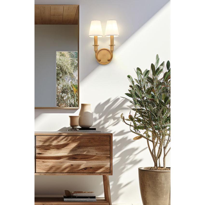 Z-Lite Tova 9" 2-Light Rubbed Brass Steel Frame White Fabric Shade Wall Sconce
