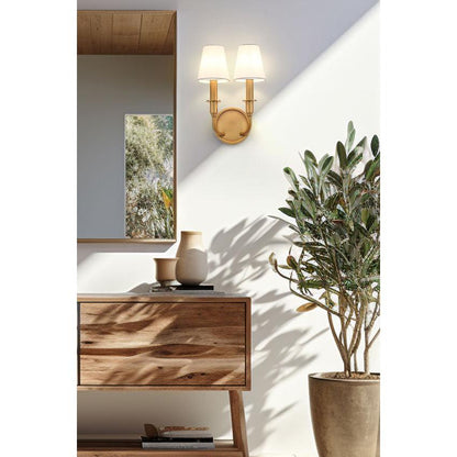 Z-Lite Tova 9" 2-Light Rubbed Brass Steel Frame White Fabric Shade Wall Sconce