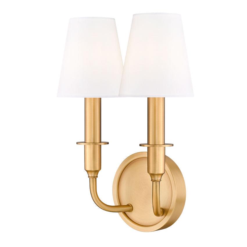 Z-Lite Tova 9" 2-Light Rubbed Brass Steel Frame White Fabric Shade Wall Sconce