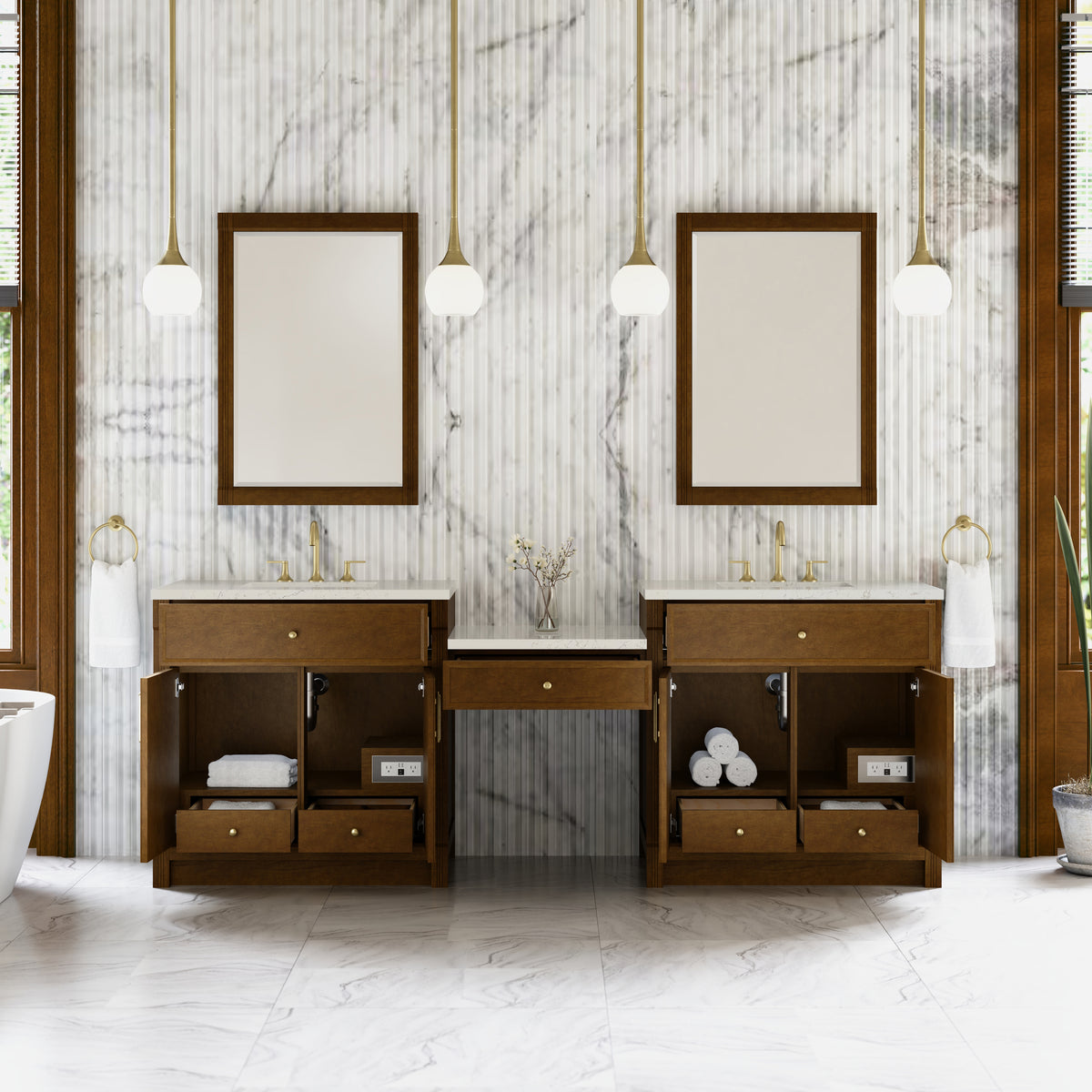 James Martin Vanities Bellshire 96" Honey Oak Dual Vanity Set With 3 cm Siberian Silestone Top and 24" Make-Up Counter