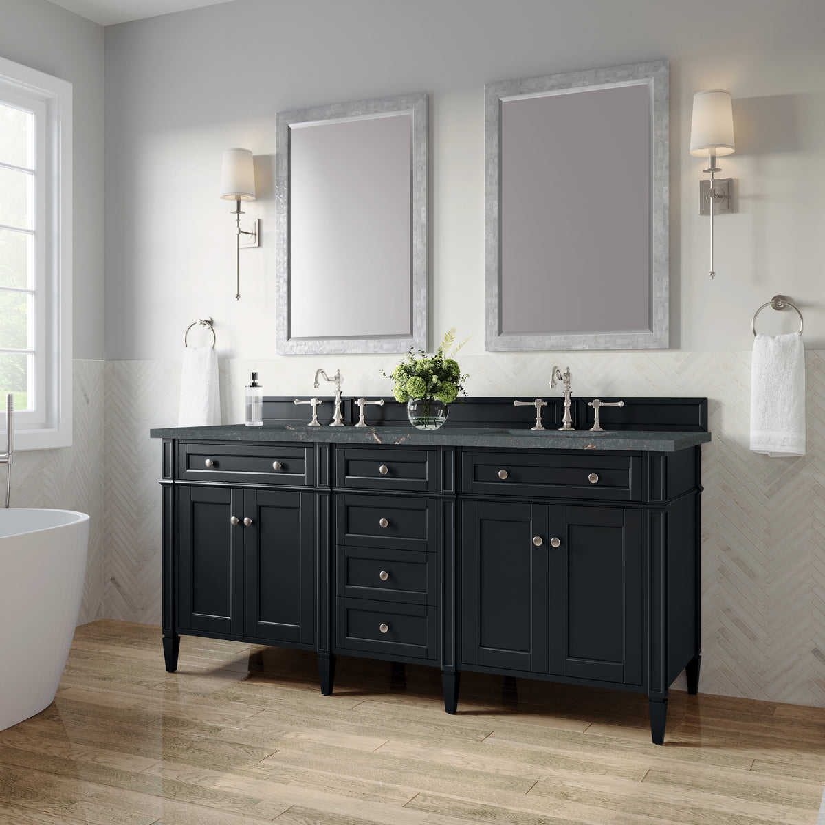 James Martin Vanities Brittany 72" Black Onyx Double Vanity With 3 CM Parisien Bleu Silestone Top and FreePower Wireless Charger