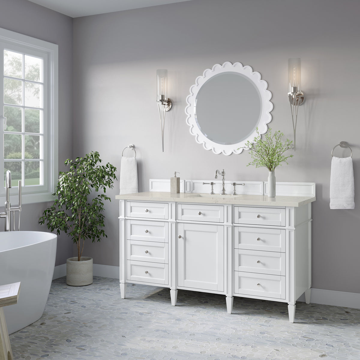 James Martin Vanities Brittany 60" Bright White Single Vanity With 3 CM Siberian Silestone Top