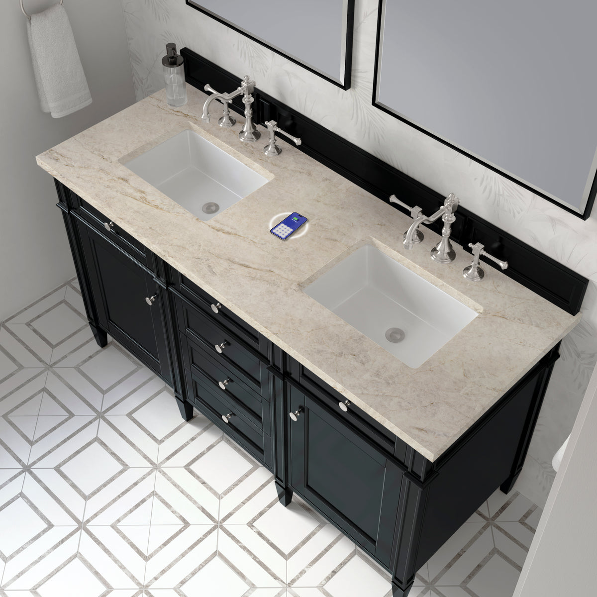 James Martin Vanities Brittany 60" Black Onyx Double Vanity With 3 CM Tajnar Eclos Top and FreePower Wireless Charger