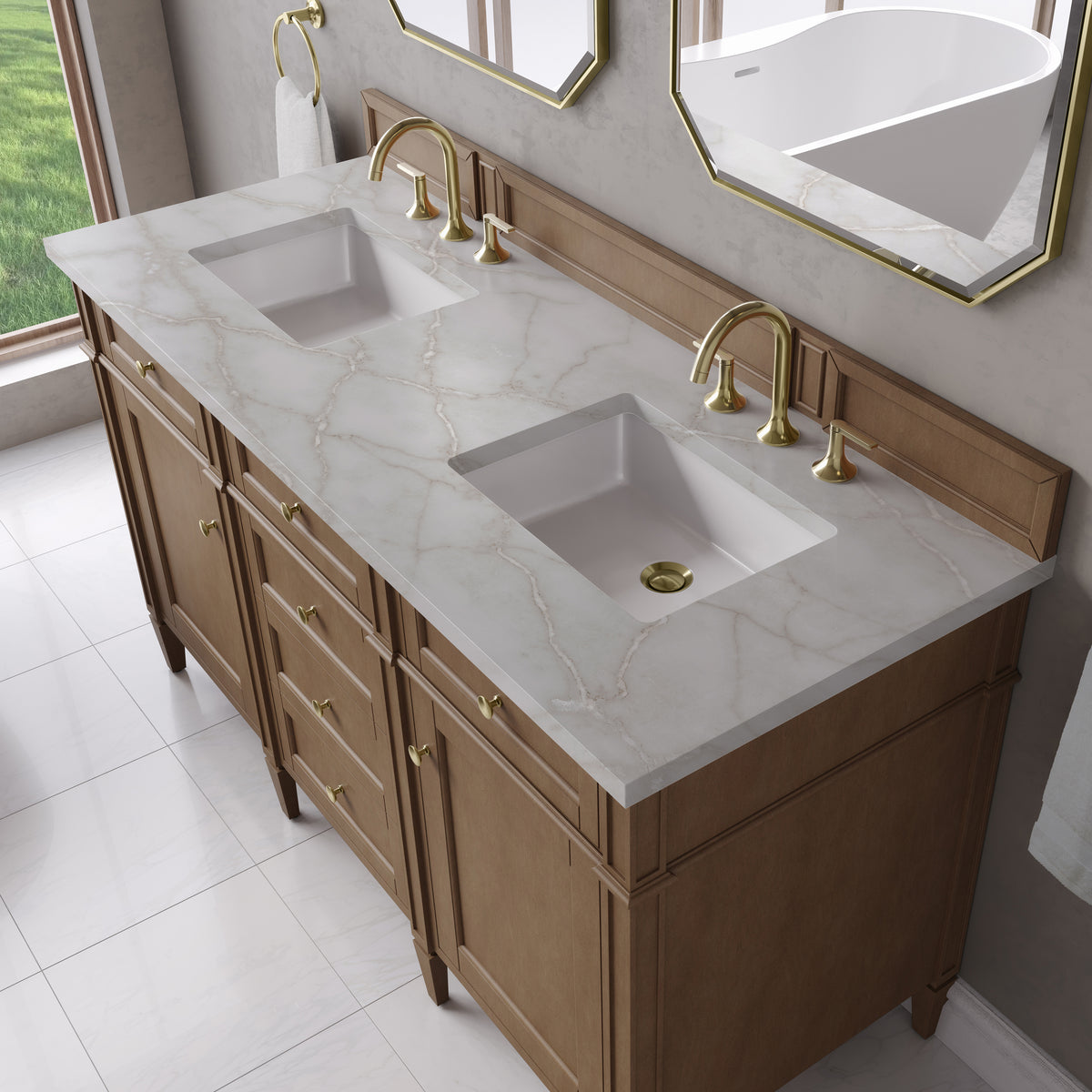 James Martin Vanities Brittany 60" Pecan Double Vanity With 3 CM Victorian Silver Silestone Top