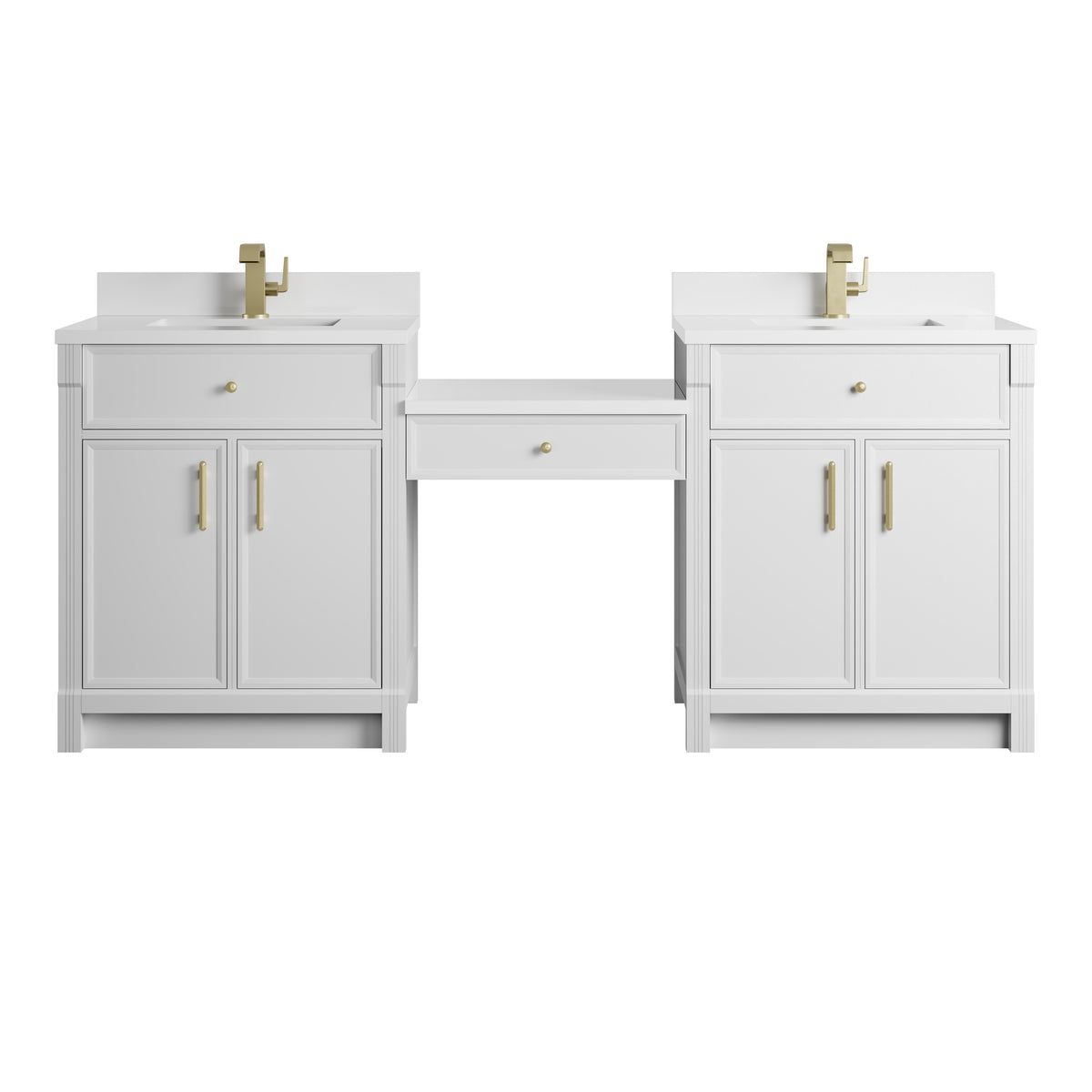 James Martin Vanities Bellshire 84" Bright White Dual Vanity Set With Single Hole 3 cm White Zeus Silestone Top, Backsplash and 24" Make-Up Counter
