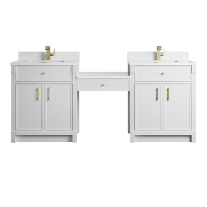 James Martin Vanities Bellshire 84" Bright White Dual Vanity Set With Single Hole 3 cm White Zeus Silestone Top, Backsplash and 24" Make-Up Counter