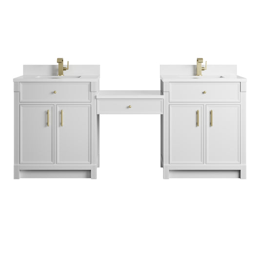 James Martin Vanities Bellshire 84" Bright White Dual Vanity Set With Single Hole 3 cm White Zeus Silestone Top, Backsplash and 24" Make-Up Counter