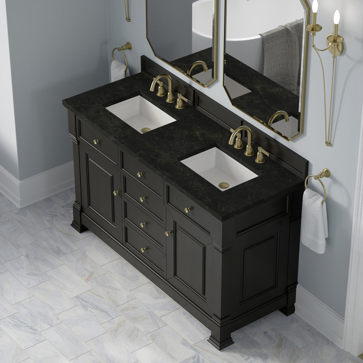 James Martin Vanities Brookfield 60" Black Onyx Double Vanity With 3 CM Phantome Eclos Top