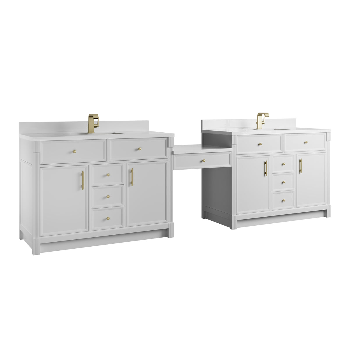 James Martin Vanities Bellshire 120" Bright White Dual Vanity Set With Single Hole 3 cm White Zeus Silestone Top, Backsplash and 24" Make-Up Counter
