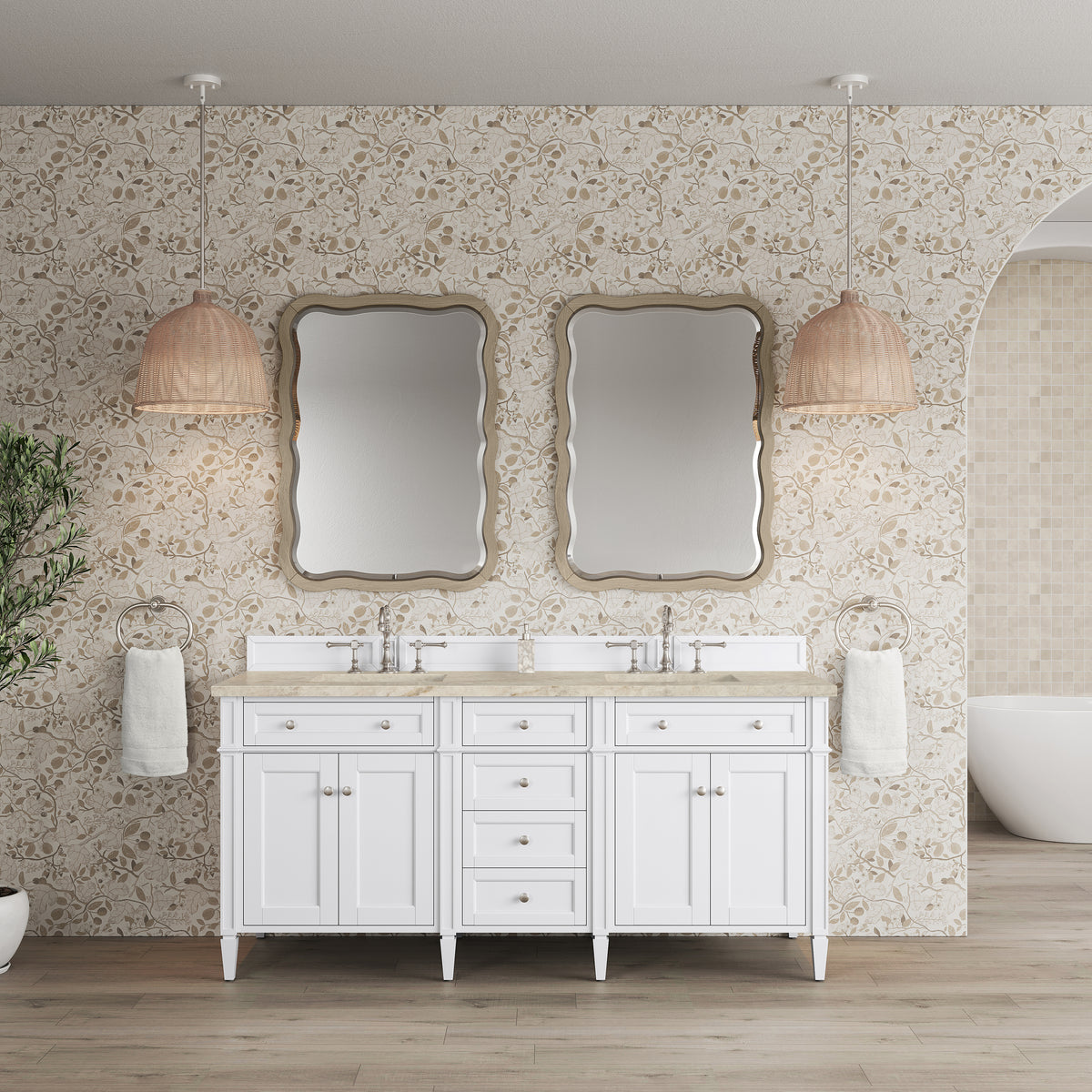 James Martin Vanities Brittany 72" Bright White Double Vanity With 3 CM Tajnar Eclos Top