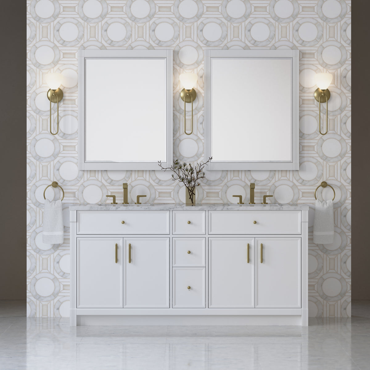 James Martin Vanities Bellshire 72" Bright White Double Vanity With 3 CM Carrara Marble Top