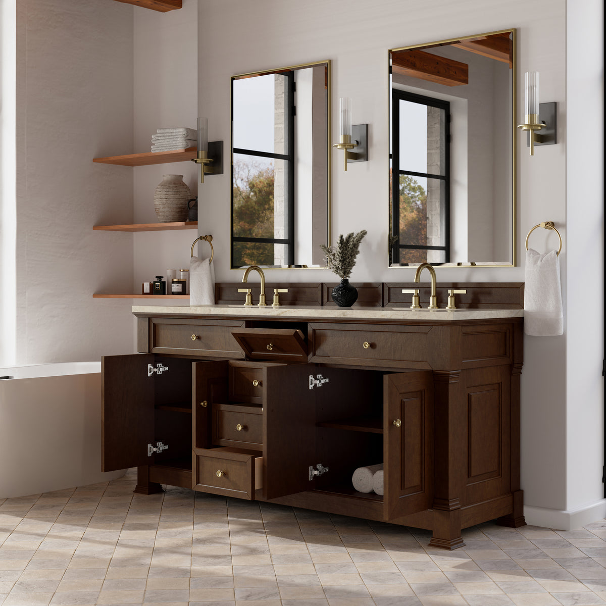 James Martin Vanities Brookfield 72" Honey Oak Double Vanity With 3 CM Tajnar Eclos Top and FreePower Wireless Charger