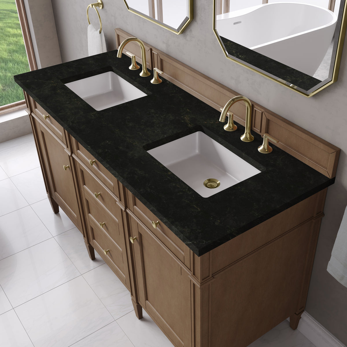 James Martin Vanities Brittany 60" Pecan Double Vanity With 3 CM Phantome Eclos Top