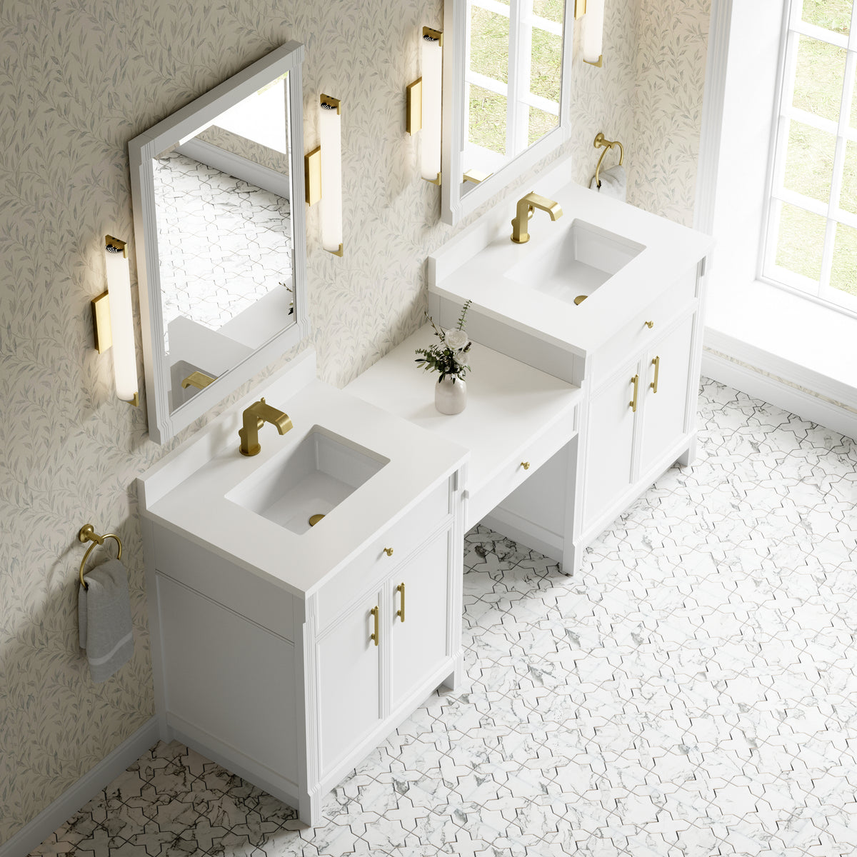 James Martin Vanities Bellshire 84" Bright White Dual Vanity Set With Single Hole 3 cm White Zeus Silestone Top, Backsplash and 24" Make-Up Counter