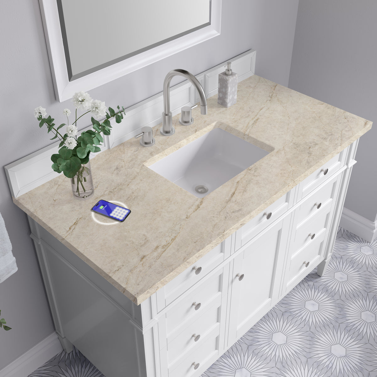 James Martin Vanities Brittany 48" Bright White Single Vanity With 3 CM Tajnar Eclos Top and FreePower Wireless Charger