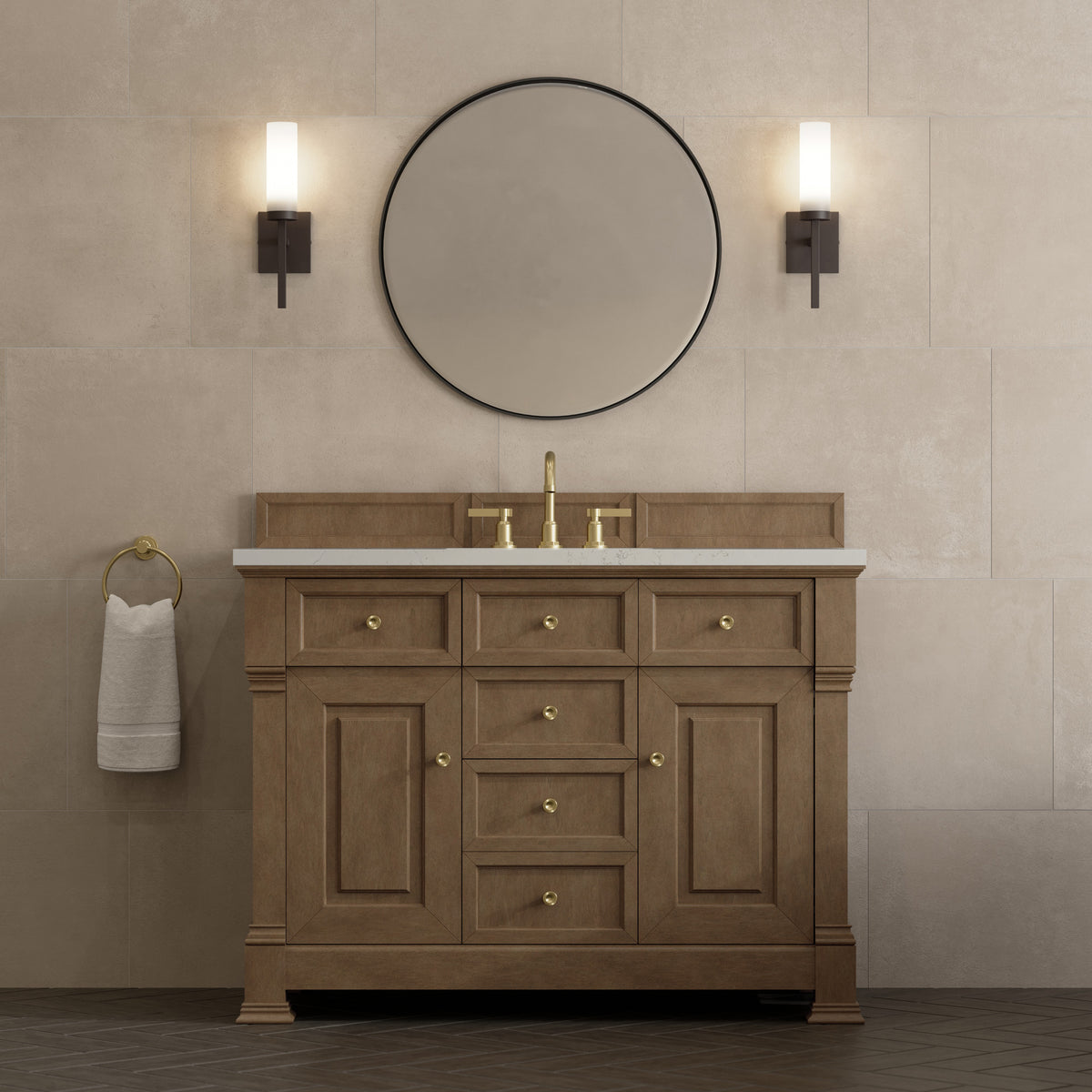 James Martin Vanities Brookfield 48" Pecan Single Vanity With 3 CM Siberian Silestone Top and FreePower Wireless Charger
