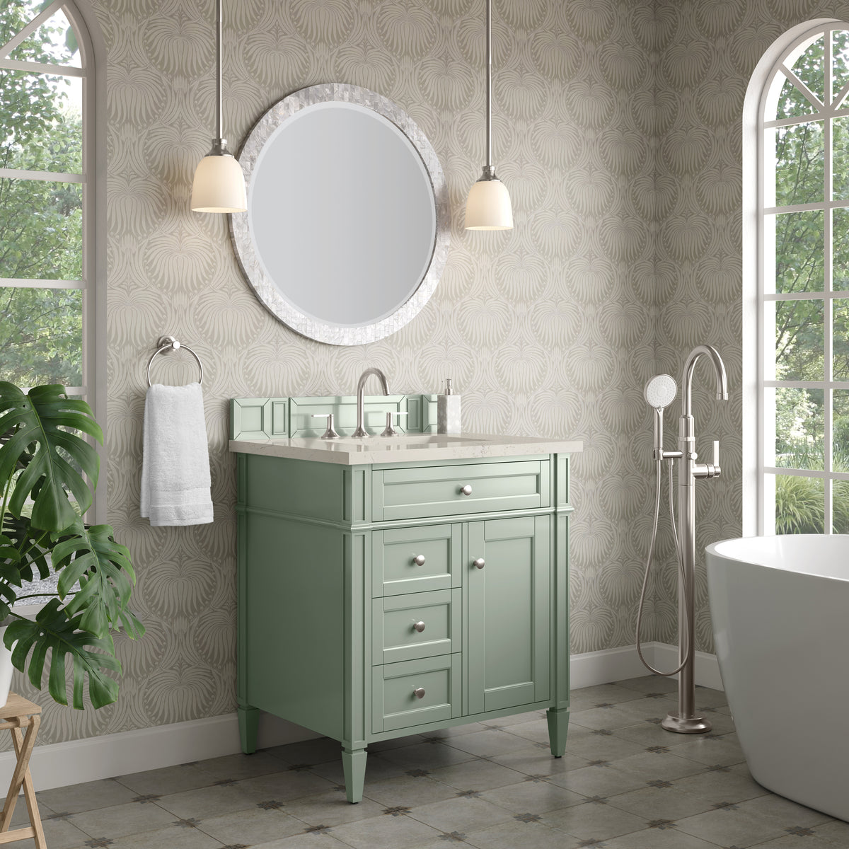 James Martin Vanities Brittany 30" Sage Green Single Vanity With 3 CM Siberian Silestone Top