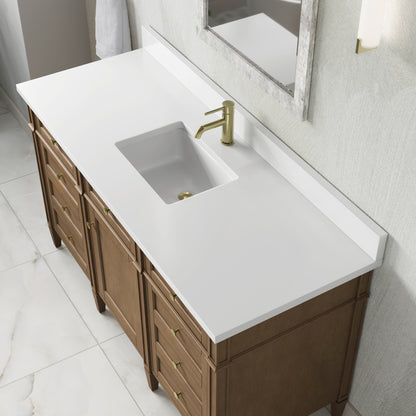 James Martin Vanities Brittany 60" Pecan Single Vanity With Single Hole 3 CM White Zeus Silestone Top and Matching Backsplash