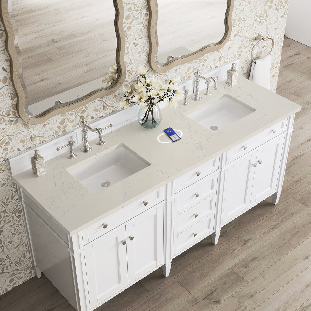 James Martin Vanities Brittany 72" Bright White Double Vanity With 3 CM Siberian Silestone Top and FreePower Wireless Charger