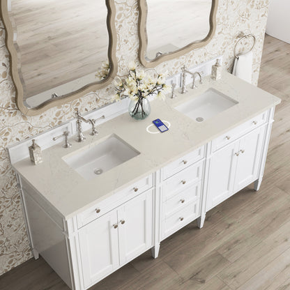 James Martin Vanities Brittany 72" Bright White Double Vanity With 3 CM Siberian Silestone Top and FreePower Wireless Charger